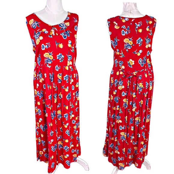 Vintage Dresses & Skirts - PLUS SIZE 14 VINTAGE 1980s dress floral Statement collar sleeveless red